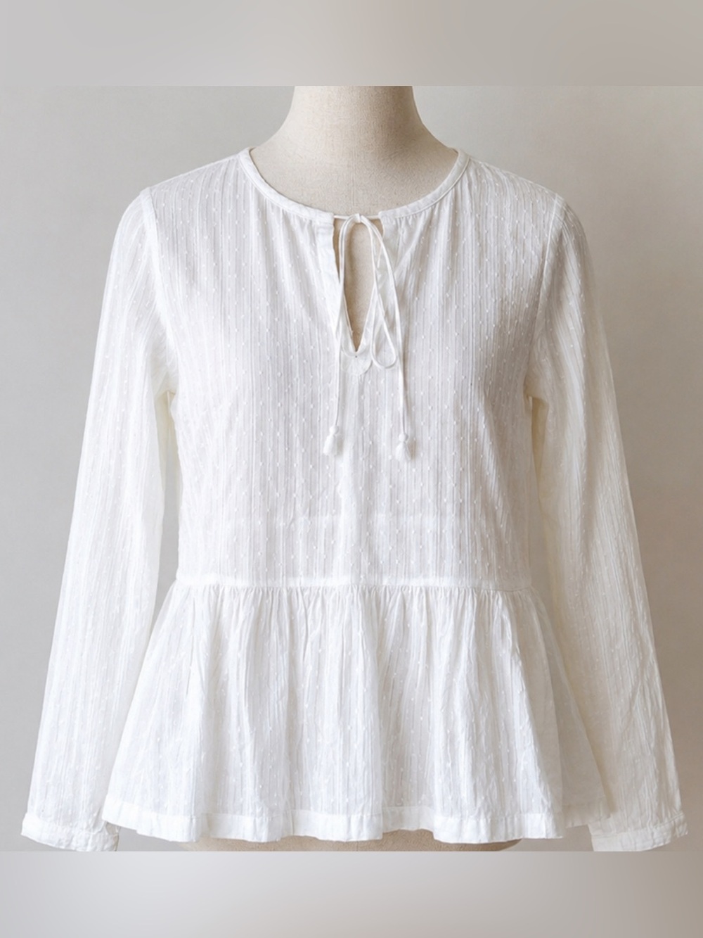 J.Crew Swiss Dot Peplum Blouse Size 8 White Tie Neck Long Sleeve Sheer